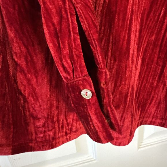 Jodifl Red Crushed Velvet‎ Vneck Puff Sleeve Shirt Sz Medium - Picture 4 of 7